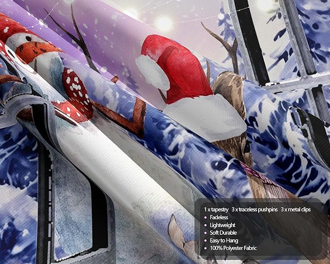 QGHOT Christmas Window Tapestry Wall Hanging Christmas Backdrop Winter Window Wall Decor Xmas Snowman Deer Tapestries for Bedroom Living Room Dorm Holiday Party Decoration, Large