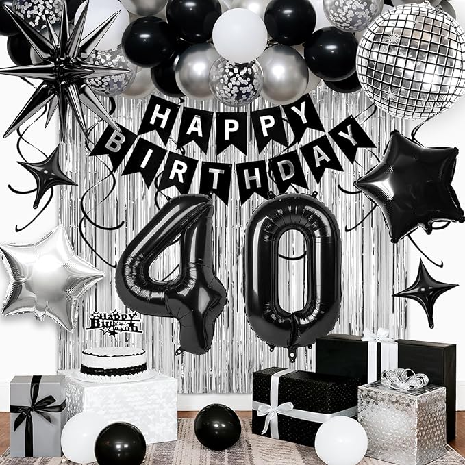 40th Birthday Decorations for Men Women, Black Silver Happy Birthday Party Decorations， 40 Year Old Party Supplies with Number 40 Balloons, Banner, Fringe Curtains Kit