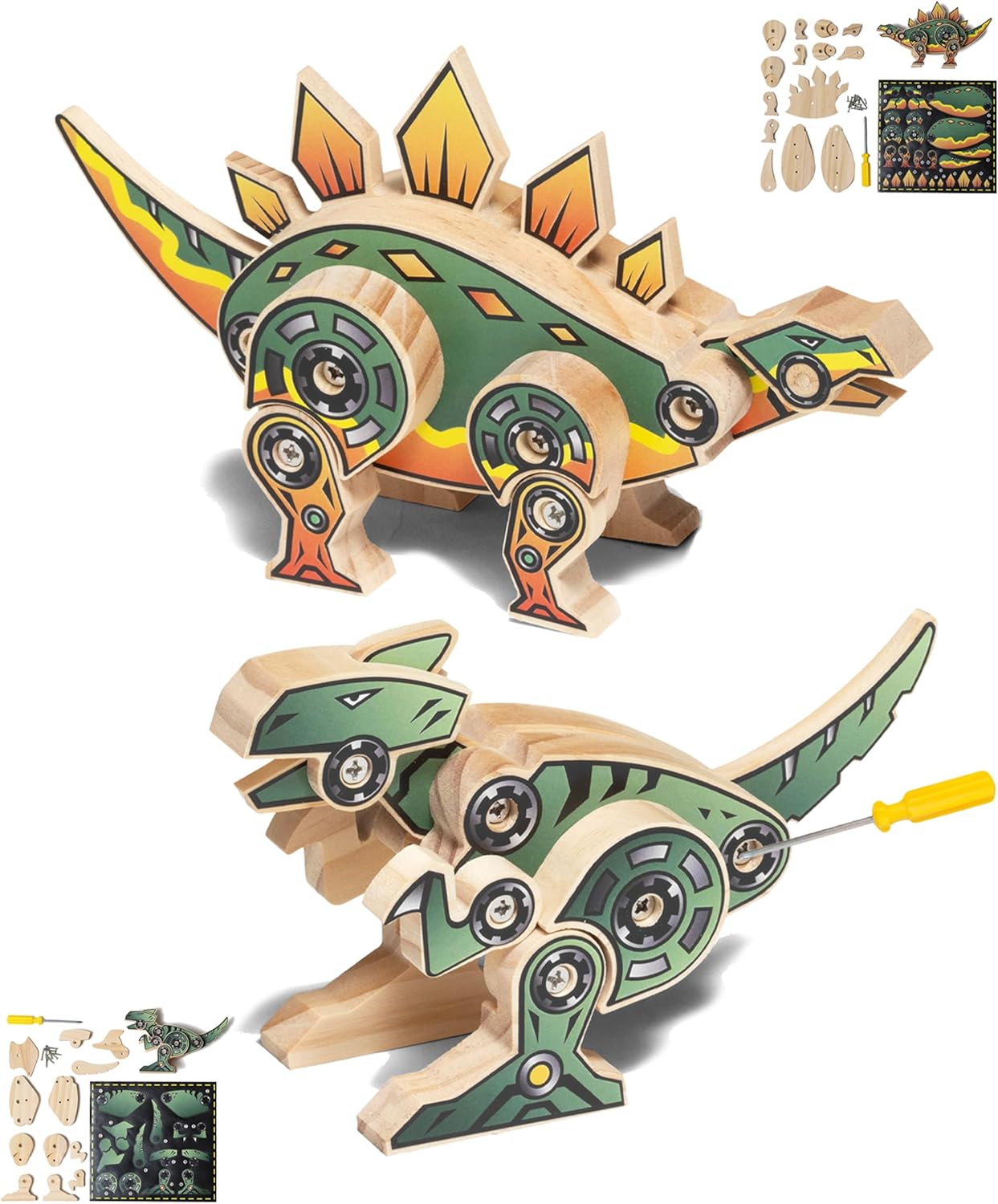 Little Jupiter DIY Wooden Kit with Stickers - Dinosaur Toys for Kids for 7-12 Yrs - Dinosaur Toy Woodworking Kits - Wood Crafts - Building Kit - Wooden Crafts (Stegosaurus & TRex)