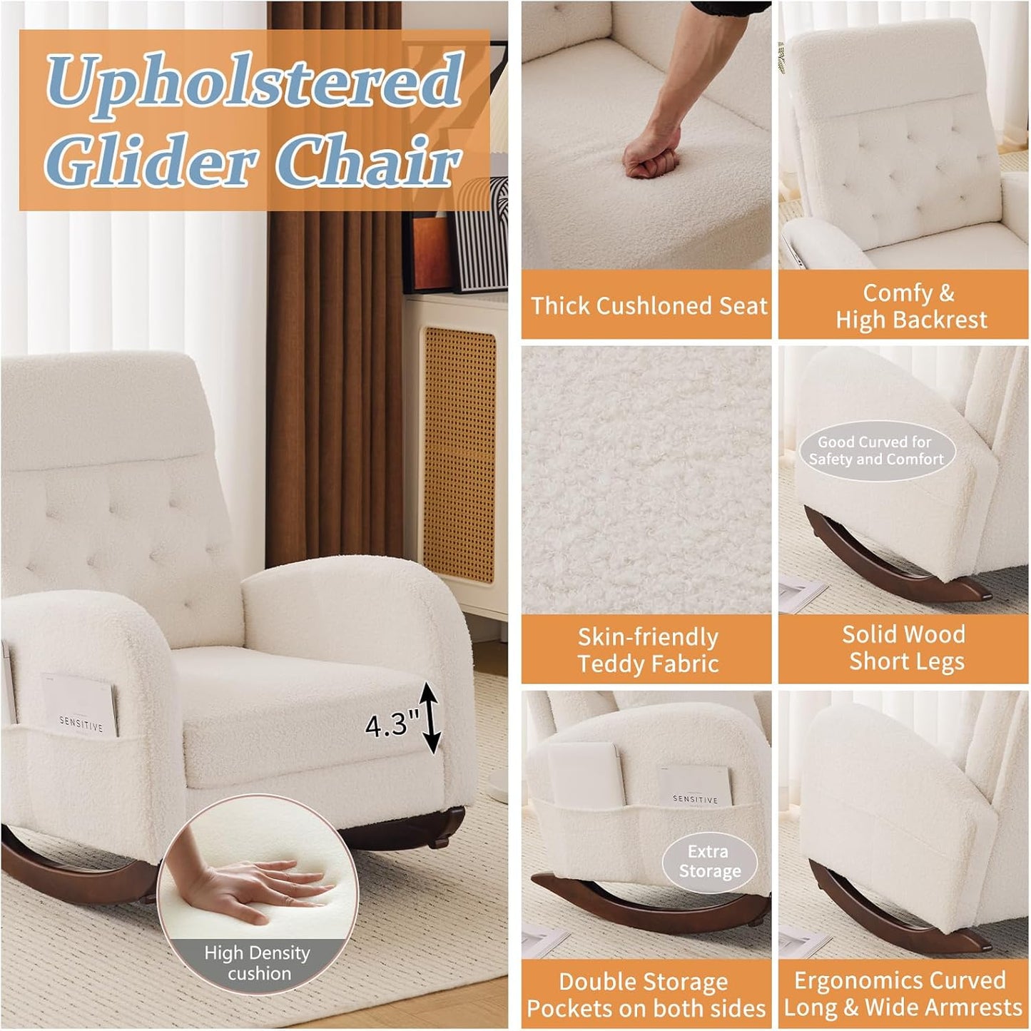 VINGLI Teddy Fleece Low Seat Rocking Chair,Boucle Upholstered Nursery Glider Chair with Side Pockets,Accent Arm Chair with High Backrest,Comfy Head Rest,Solid Wood,for Living Room, Bedroom,Beige