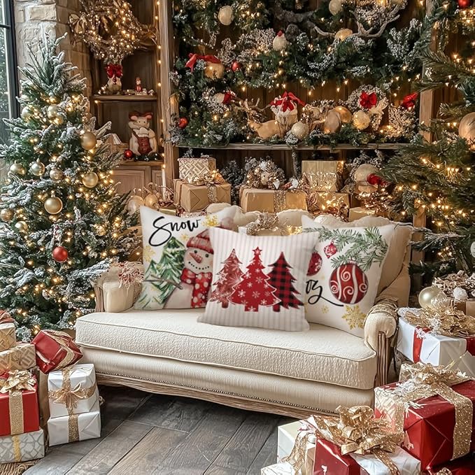 GEEORY Winter Christmas Throw Pillow Covers 18 x 18 Inch Set of 4, Xmas Trees Snowflake Snowman Joy Holiday Farmhouse Decorative Cushion Cases for Home Decoration G583-18