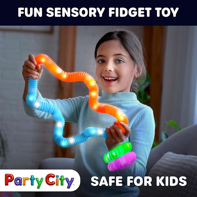 Party City 24pk LED Light Up Pop Tubes 25”- 3 Mode Stretchy Tubes LED Light Up Toys Bulk Glow Sticks Party Favors for Kids Necklaces Bracelets Neon Glow in the Dark Supplies Fidget Sensory Tube Pack