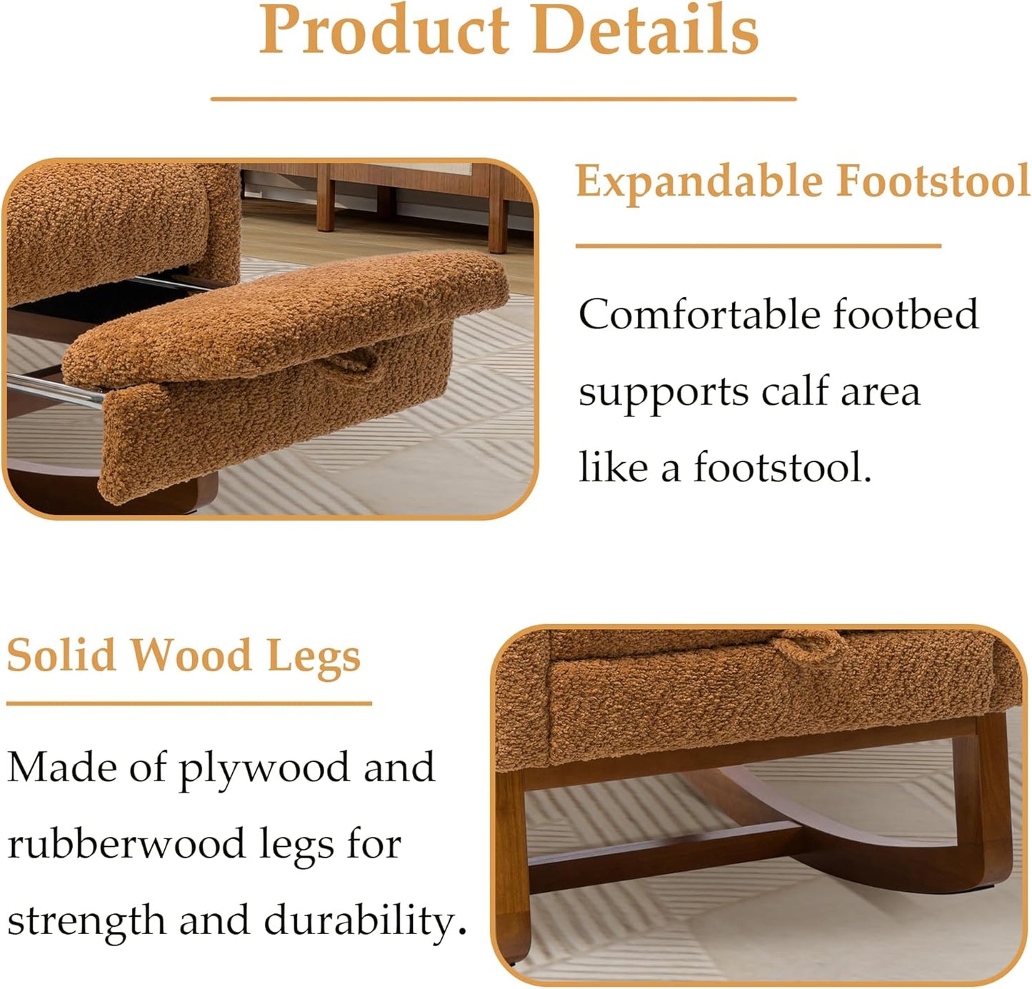 Nursery Rocking Chair with Foot Rest, Upholstered Glider Chair with Two Side Pockets, High Back Nursing Chair, Rocker Accent Armchair for Bedroom Living Room (Caramel)