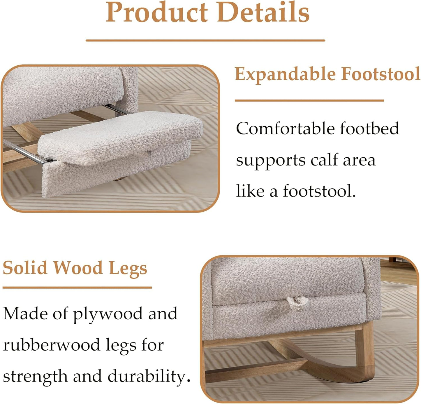 Nursery Rocking Chair with Foot Rest, Upholstered Glider Chair with Two Side Pockets, High Back Nursing Chair, Rocker Accent Armchair for Bedroom Living Room (Ivory)