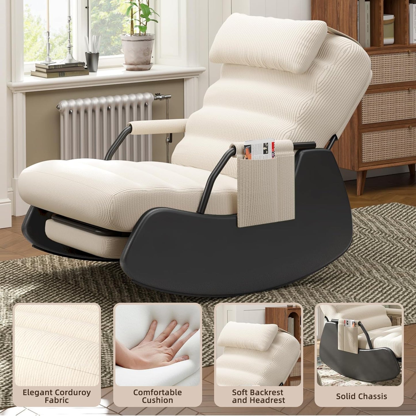 Polar Aurora Nursery Rocking Chairs with Soft Seat and Headrest,Corduroy Fabric Accent Chair with Side Pocket,Glider Rocking Chair for Bedroom/Living Room/Nursery. (Beige/Black)