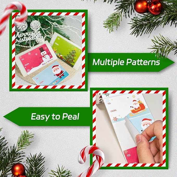 500 PCS Christmas Gift Tags, Self Adhesive Santa Claus Stickers, Festive Holiday Name Labels for Wrapping Paper Presents Decor, 8 Designs