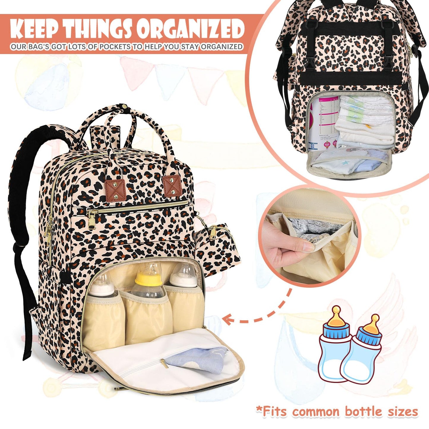 Baby Diaper Bag Backpack Travel Diaper Bags for Baby Girl Boy Large Capacity Baby Bag Backpack for Women Leopard Print