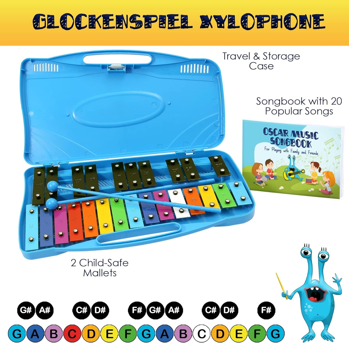 MINIARTIS Glockenspiel Xylophone | 25 Note Colorful Metal Keys Xylophone for Kids | Percussion Musical Instrument | Educational Music Toy Includes Music Songbook, Mallets and Blue Carry Case
