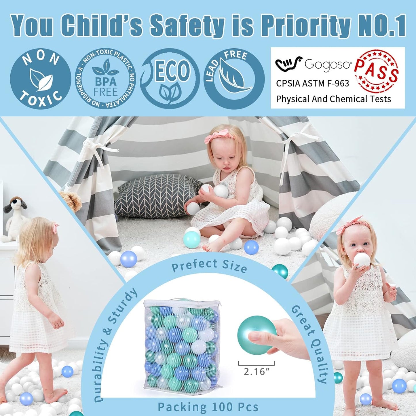 GOGOSO Ball Pits Balls for Toddlers Pack of 50 100 200 Plastics Shape Ball Non-Phthalate Non-BPA Non-Toxic 2.2-Inch Crush Proof Play Balls