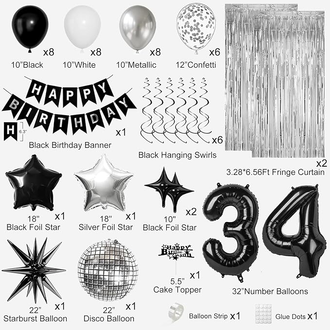 34th Birthday Decorations for Men Women, Black Silver Happy Birthday Party Decorations， 34 Year Old Party Supplies with Number 34 Balloons, Banner, Fringe Curtains Kit