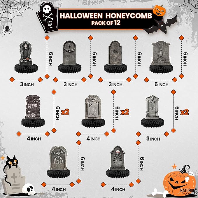 KatchOn, Halloween Tombstone Honeycombs - Pack of 12 | Halloween Table Centerpieces for Tombstone Halloween Decorations | Graveyard Tombstone Paper Honeycombs, Halloween Party Decorations