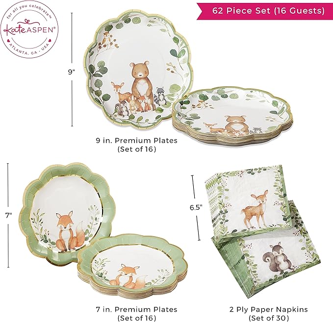 Kate Aspen Woodland Baby Shower Decorations, 62-Piece Disposable Paper Plates & Napkins Party Supplies for 16 Guests - Woodlands Animals Theme for Baby Boy Shower Table Decorations, Gender Reveal