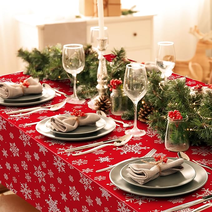 Jectivs 6 Pieces Christmas Snowflake Plastic Party Tablecloth Decorations,White Snowflake Red Xmas Backdrop Sign Table Cover Banner for Winter Christmas Holiday Party Supplies,54x108 inch (Red)