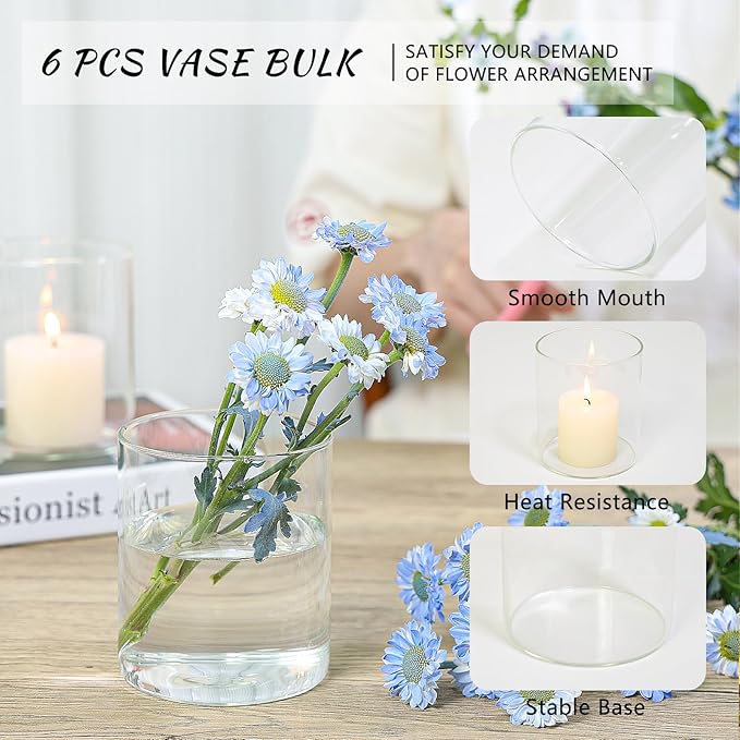 Glass Cylinder Vase Set of 6 for Centerpieces, 5 Inch Short Clear Flower Vases Bulk, Glass Hurricane Candle Holder for Table, Floating Candle Vases for Wedding Home Décor