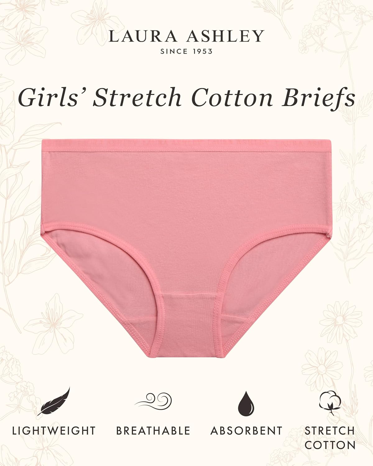 Laura Ashley Girls Underwear - 5 Pack Soft Stretch Breathable Panties for Girls - Lightweight Cotton Panties (Size: 4-12)