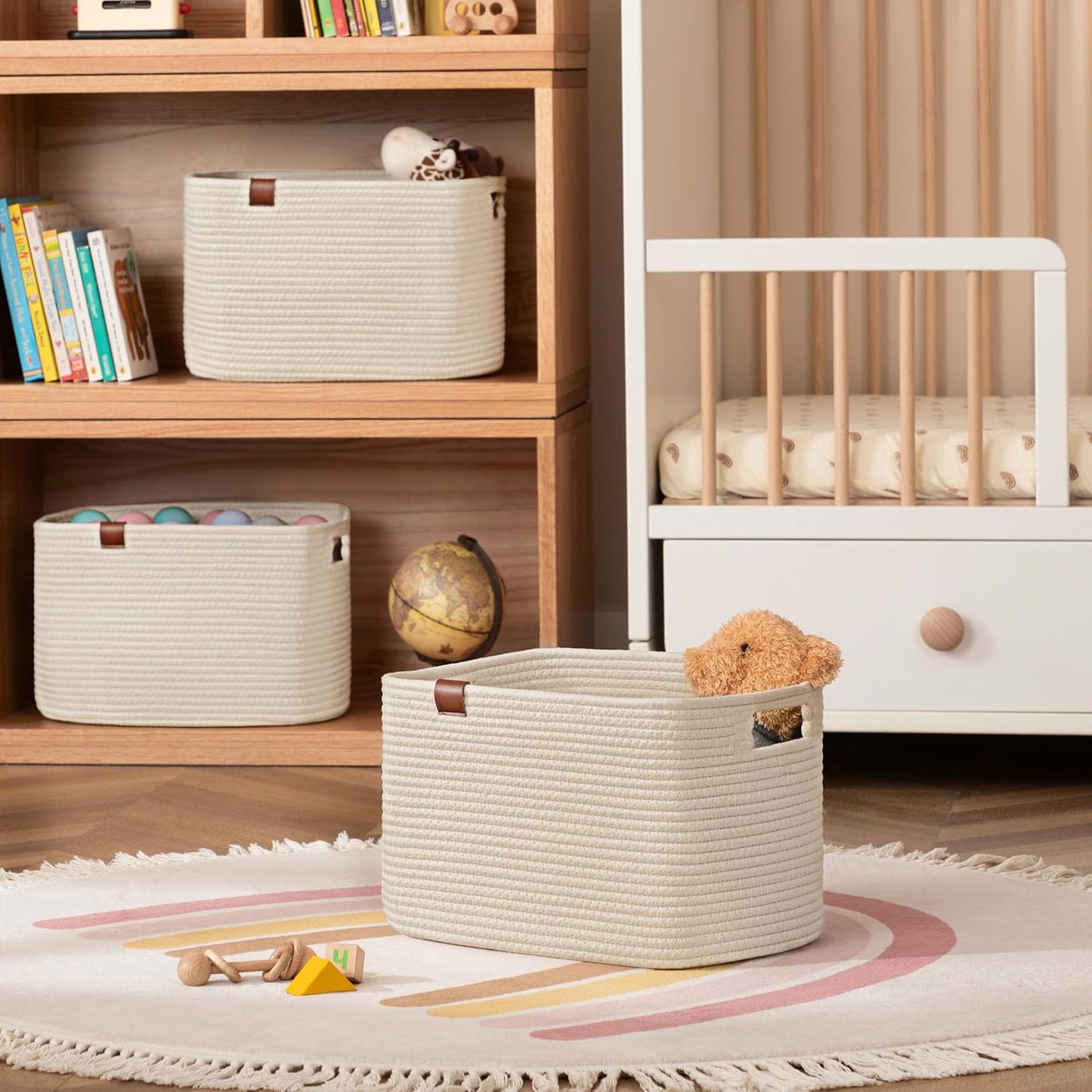 UBBCARE 4 Pack Baskets for Organizing, Woven Storage Baskets with Label for Toys and Towel, Rectangle Cotton Rope Basket with Handles, 15''L x10''W x9''H, Off-White