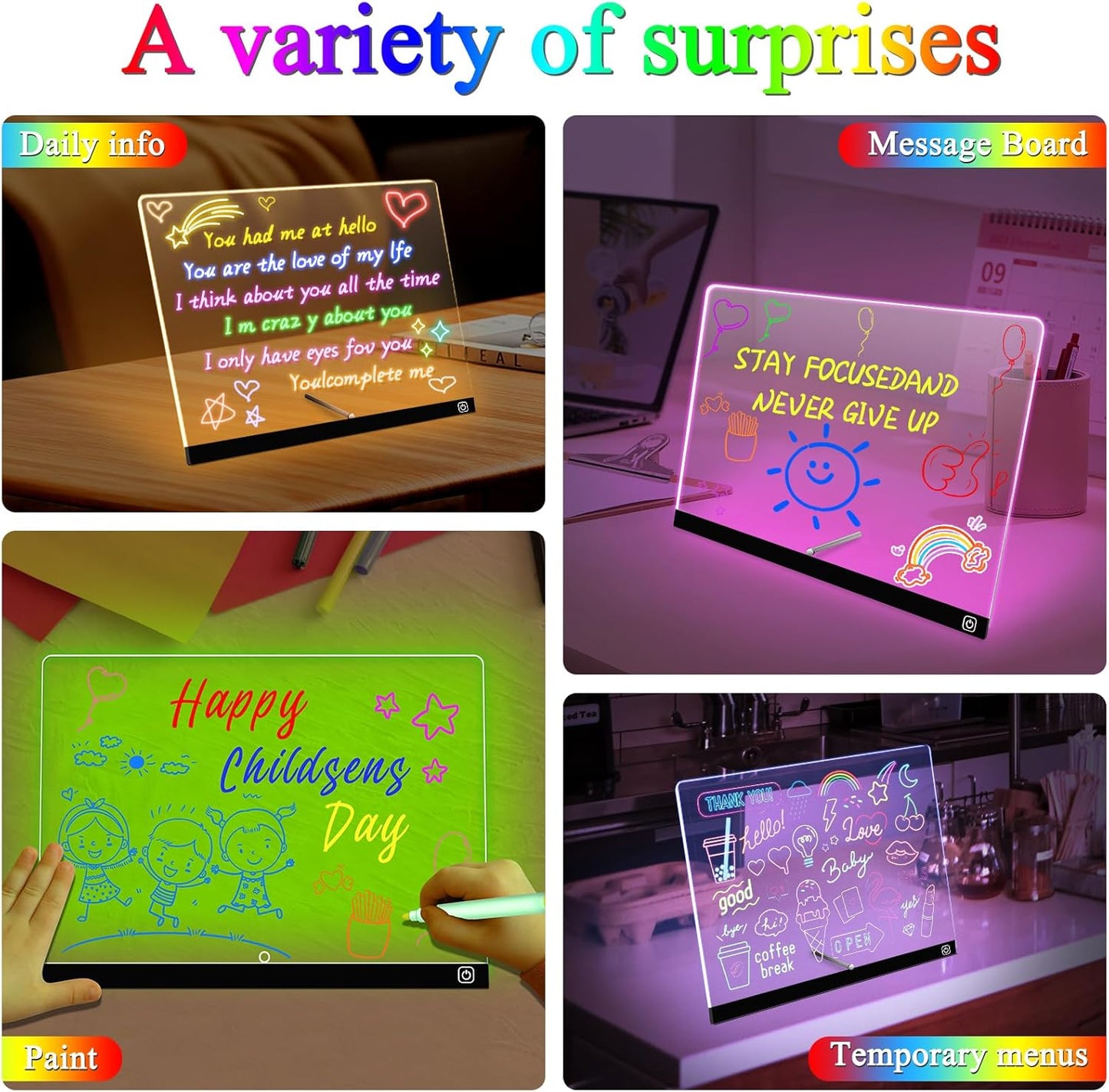 14“ LED Drawing Board 7 Colors Light Acrylic Dry Erase Lumiboard for Kids with Stand 2 Modes as Night Light for Room/Store/Office Ideal Gift for Festival Decoration 7 Markers