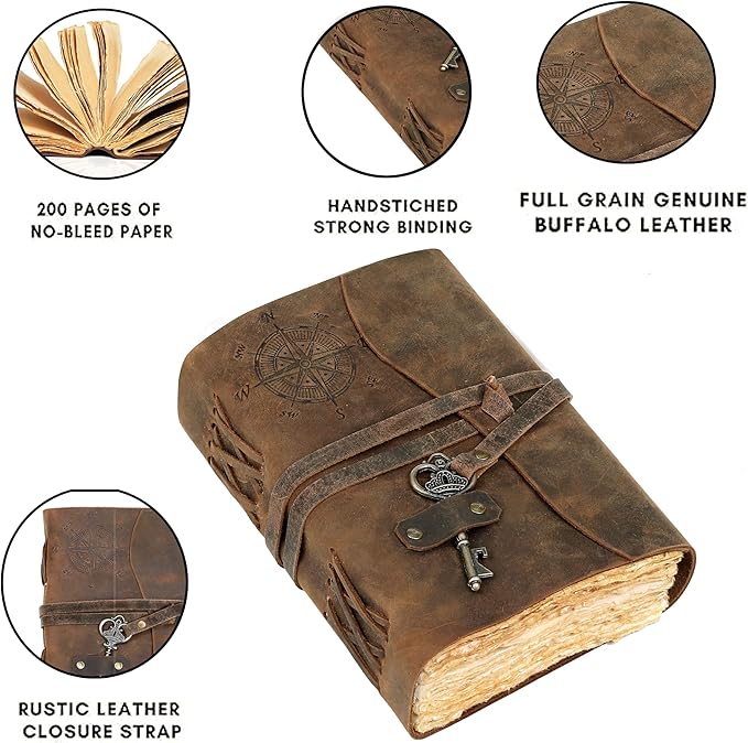 cuero Compass Vintage Leather Journal Antique Handmade Bound Journal with Deckle Edge Paper Diary Leather Sketchbook Drawing Journal Notebook Great Gift Men & Women (6X8 Inch)