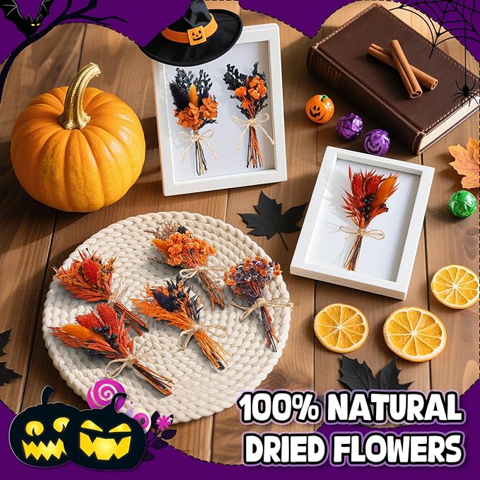 12/24 PCS Charming Dried Flowers Bouquet for Vase Various Dried Wildflowers with Stems Mini Handmade Wildflowers Natural Real Flowers Bulk Flowers Craft (Orange Soul, 12PCS)