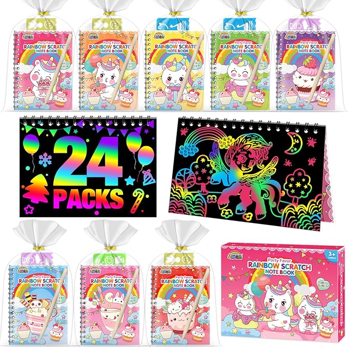 ZMLM Rainbow Scratch Party Favors Kids: Birthday Gifts Toy Bulk Scratch Art Notebook 24 Pack Birthday Goodie Bags Stuffers Girls Boys Art Craft Pad Classroom Prizes School Teacher Supplies (Unicorn)