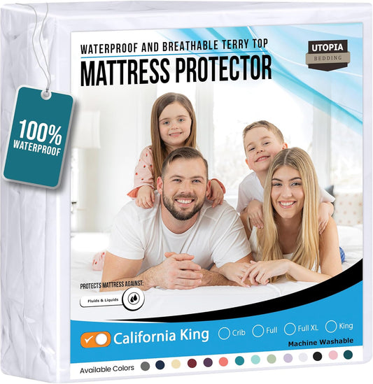 Utopia Bedding Waterproof Mattress Protector California King Size, Premium Terry Mattress Cover 200 GSM, Breathable, Fitted Style with Stretchable Pockets (White)