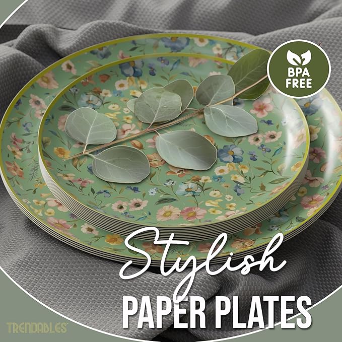Trendables Heavy Duty Paper Plates Set For 32 Guests - 32 Each Of 8-inch And 10-inch Disposable Plates For Party - Fancy 64 Piece Dinnerware Set For All Occasions | Floral Design, Bouyant