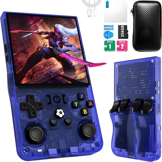 R36MAX Handheld Game Console, 40000+ Games Retro Gaming Console, 256GB TF Card Mini Retro Video Console, 4000mAh Rechargeable 4.0" IPS HD Screen Portable Pocket Arcade (Transparent Blue)