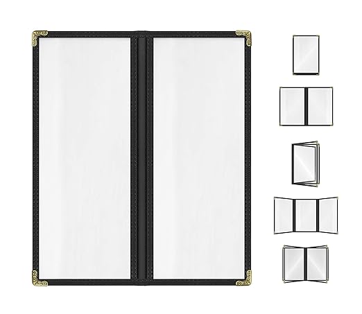 Goodsmart Restaurant Menu Covers - 25 Pack Black 2-Page/4-View 4.25" x 11", Top-Loading Vinyl Menu Holders with Clear Sleeves, Double-Stitched Edge, Leather-Style Café Covers with Gold Corners