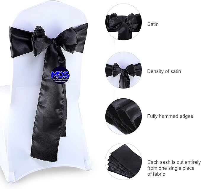 MDS Pack of 75 PCS Satin Chair Sashes Charmeuse Sateen Dining Chair Bows Ribbon Ties Back Sash for Wedding Party Birthday Home Hotel Restaurant Banquet Decoration (7 x 108 Inch, Black)