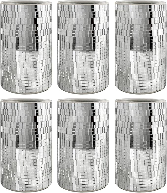 WDHODEC 6 Pcs Disco Vases Bulk Silver Mirror Disco Ball Flower Vase Glass Candle Holder for Wedding Table Centerpieces Decoration 6"