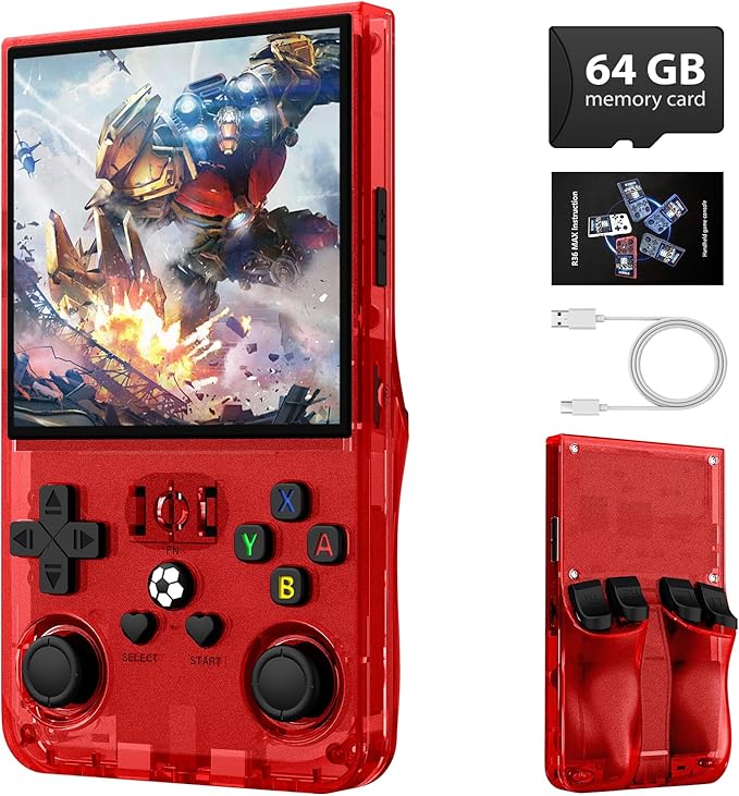 R36MAX Retro Handheld Game Console,64GB Open Source System Support 30+ Emulator Console,4.0 Inch IPS Screen Retro Gaming Console,4000mAh Battery,Portable Video Game Console for Christmas (Red)