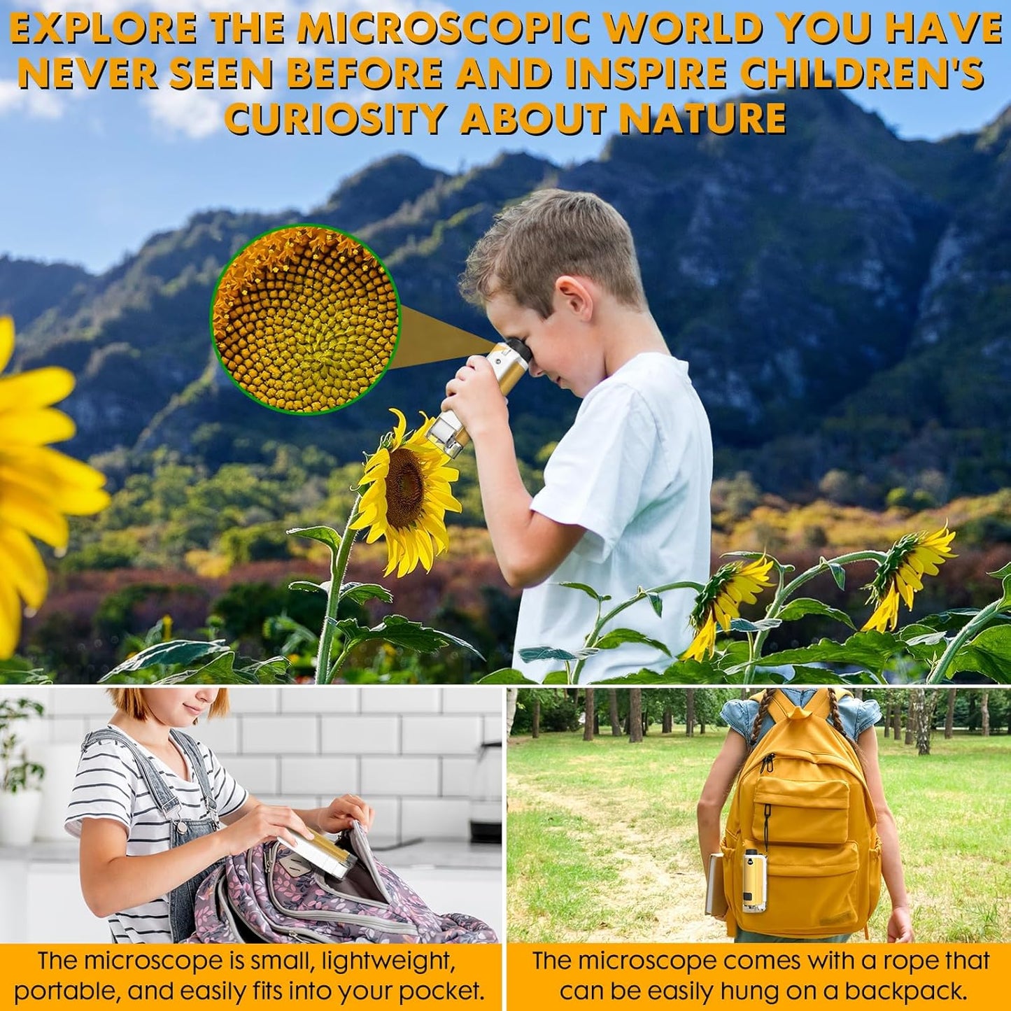 Portable Microscope for Kids, 100x-250x Zoom with LED Lights, Alloy Pocket Microscope for Boys & Girls, Educational Science Kit (Gold)