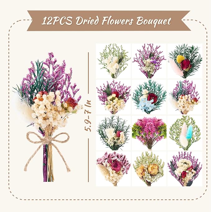 12/24 PCS Charming Dried Flowers Bouquet for Vase Various Dried Wildflowers with Stems Mini Handmade Wildflowers Natural Real Flowers Bulk Flowers Craft (Romantic Colour, 12 PCS)