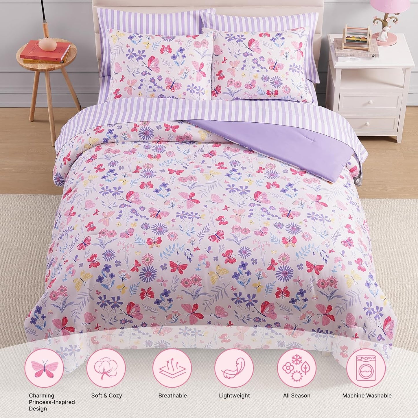 Twin Comforter Set with Sheets for Girls-5 Pieces Twin Bedding Sets with Pink Comforter, Sheets, Pillowcase & Sham for Kids (Cute Botanical Flowers, 66" X 86")