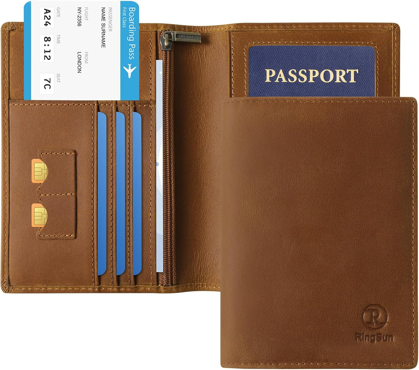 Ringsun Leather Passport Cover for Men Women, RFID Passport Wallet Case Travel Passport Holder for Family