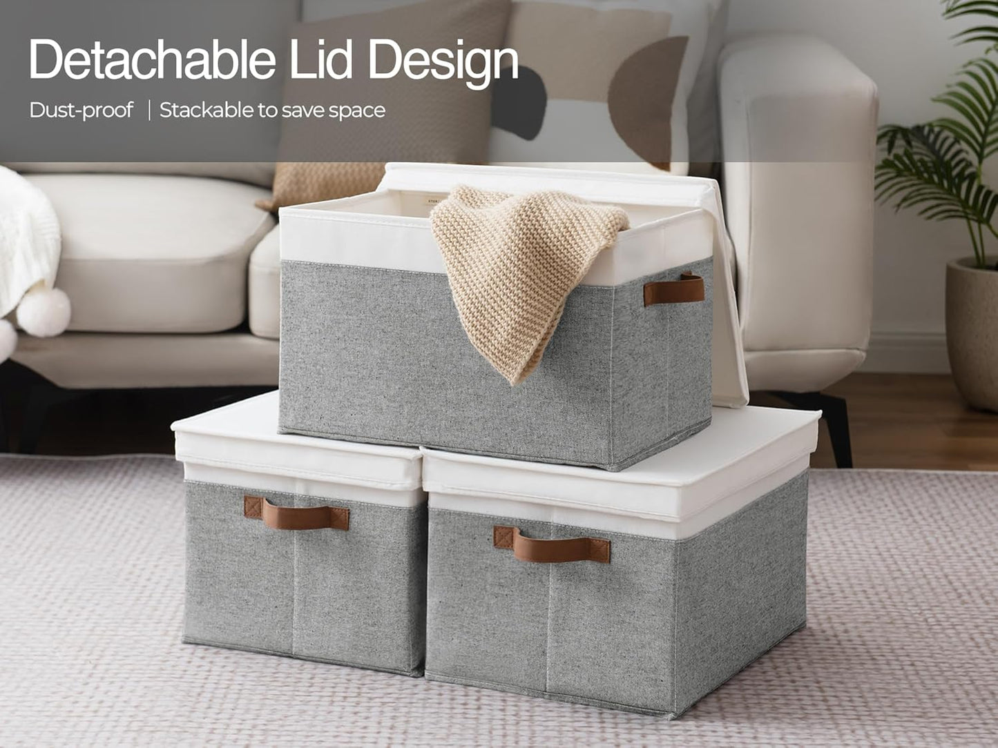 StorageWorks Storage Bins with Lids, Decorative Storage Boxes with Lid and PU Handles, Foldable Storage Baskets for Closet, Shelves, Stackable, Gray and White, Jumbo, 3-Pack