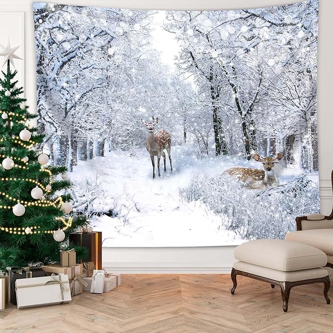 QGHOT Winter Tapestry Wall Hanging, Snow Scene Backdrop Winter Wonderland Wall Decor Snowy Forest Wall Art Nature Woodland Deer Tapestry for Bedroom Room Dorm Party Decoration, Large