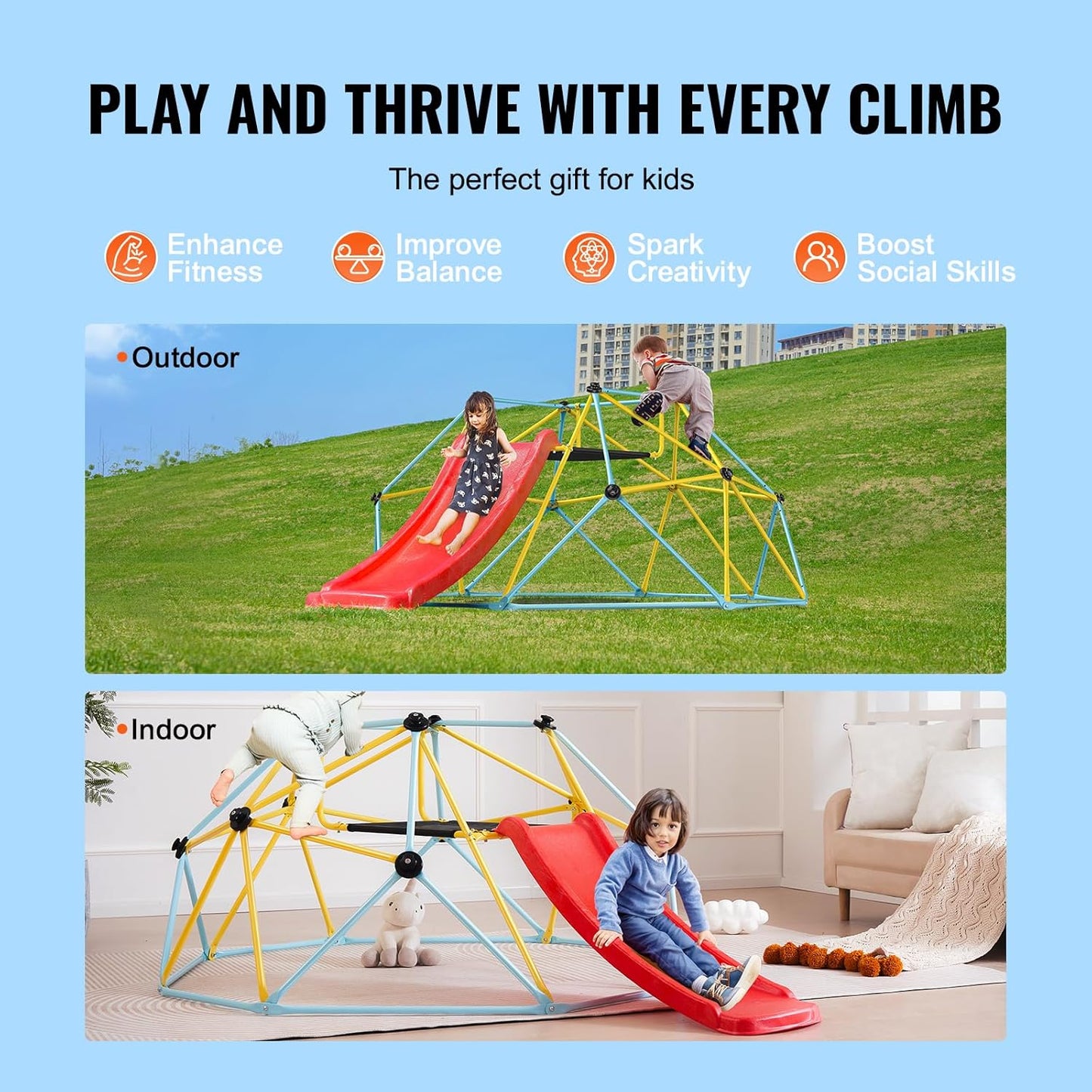VEVOR Climbing Dome, 8FT Geometric Dome Climber with Slide, Jungle Gym Supports 600LBS and Easy Assembly for Kids 3 to 9 Years Old, with Climbing Grip, Outdoor and Indoor Play Equipment for Kids