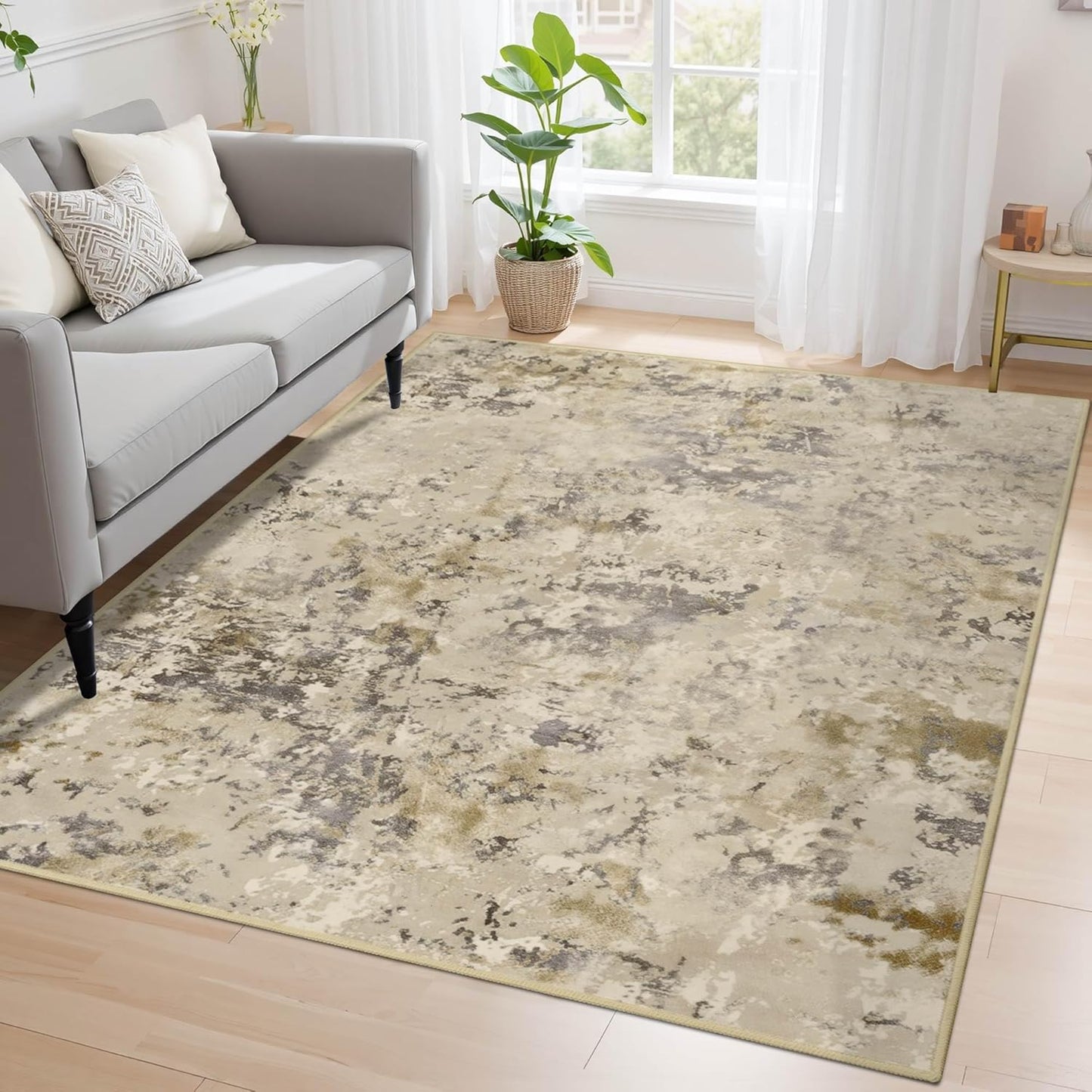 Nursery Rug for Baby Girl, 5x7 Beige Washable Rugs for Living Room Bedroom Dorm Non Slip, Stain Resistant Neutral Carpet Low Pile for Classroom, Dining Room, Kids Playroom