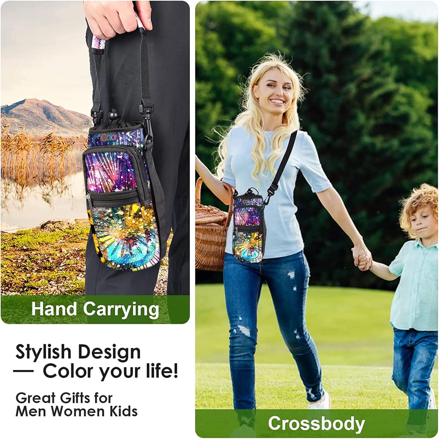 icolor Water Bottle Carrier Bag with Strap 25/32/40 oz Crossbody Bottle Holder with Phone Pocket Sling Sleeve Insulated Neoprene Water Bottle Pouch for Walking Travelling