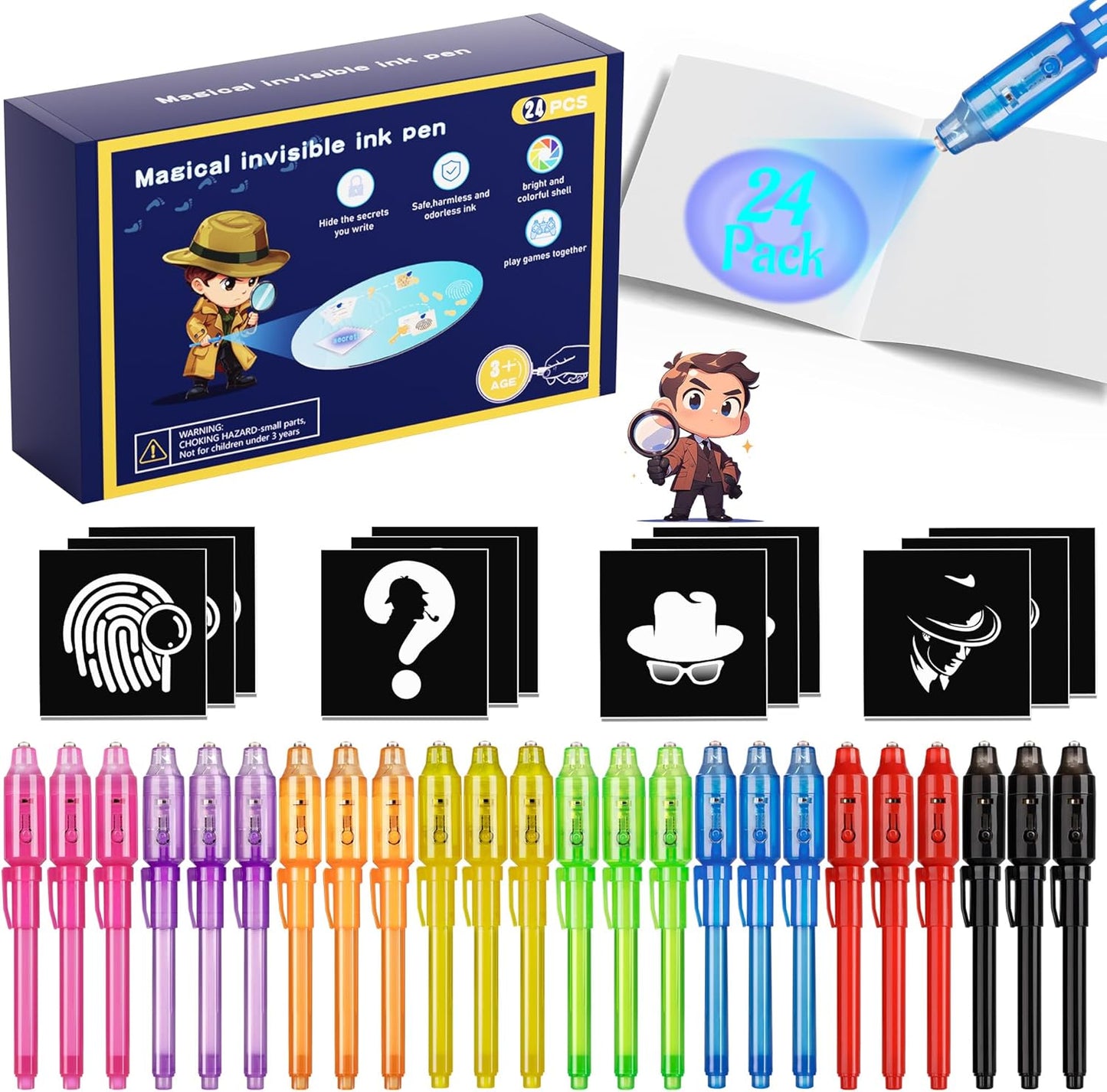 Invisible Ink Pen 24Pcs+ Notebooks, Spy Pens with UV Light, Magic Marker, Classroom Prize, Birthday Party Favors for Kids 8-12, Kids Stocking Stuffers