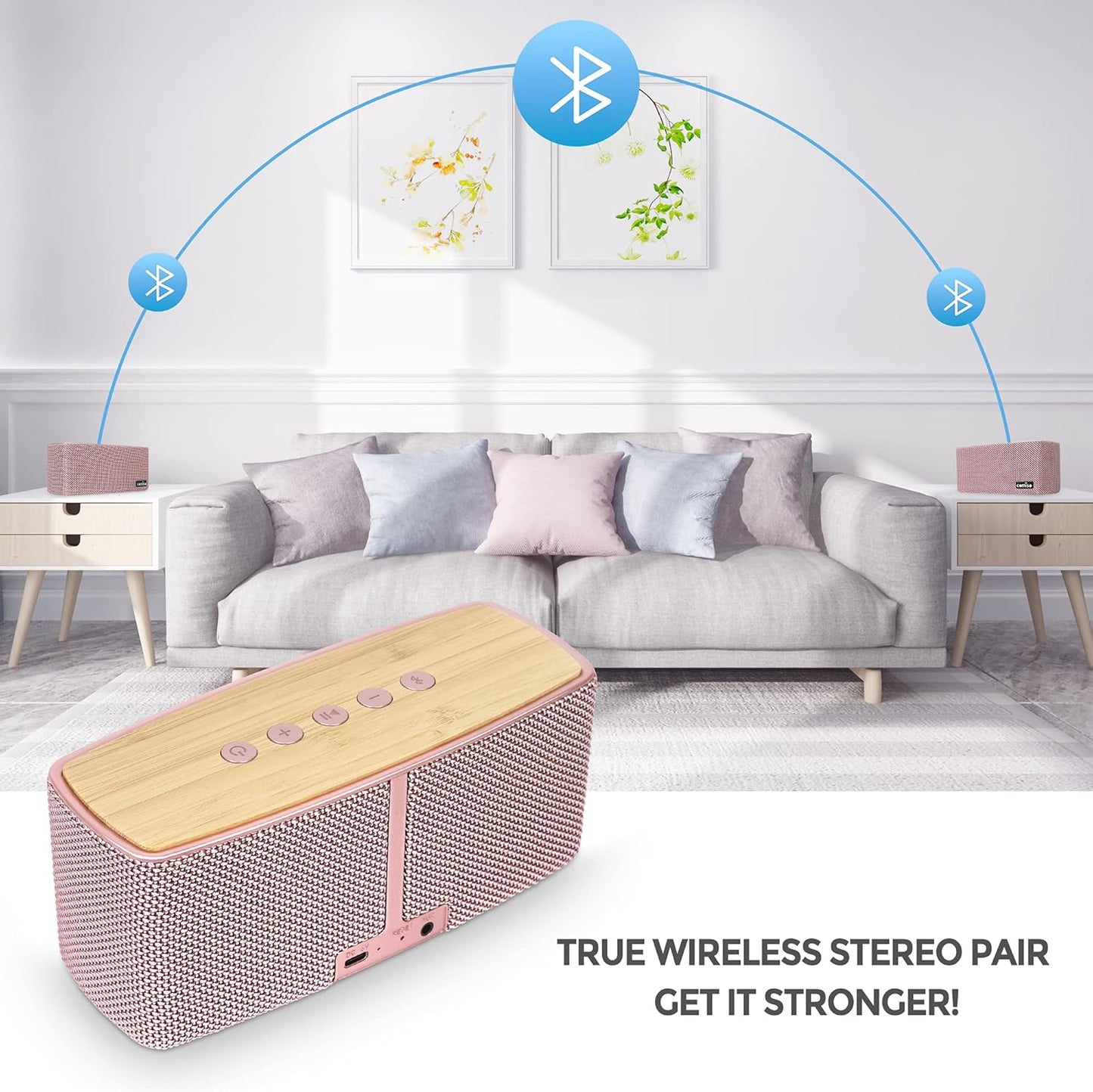 comiso Bluetooth Speakers, 20W Loud Wood Home Audio Outdoor Portable Wireless Speaker, Subwoofer Tweeters for Super Bass Stereo Sound Bluetooth 5.0 Handsfree 24H Playtime (Pink)