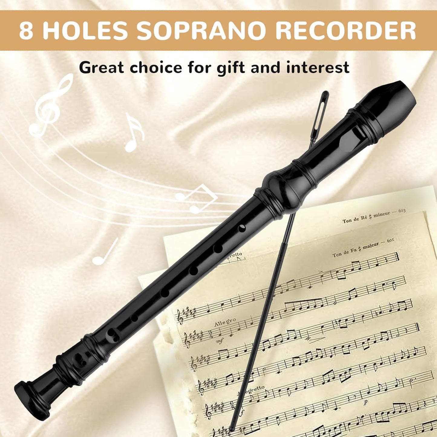 Soprano Recorder 8-Hole Instrument for Kids Beginners, German Style C Key Kids Flute with Cleaning Rod & Case Bag for School Education Home Entertainment - Black