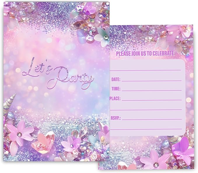 Pink Birthday Invitations for Girls, Modern Sparkle Birthday Party Invitaions for Party Invites, 4x6 Inches, 30 Sets with Envelopes