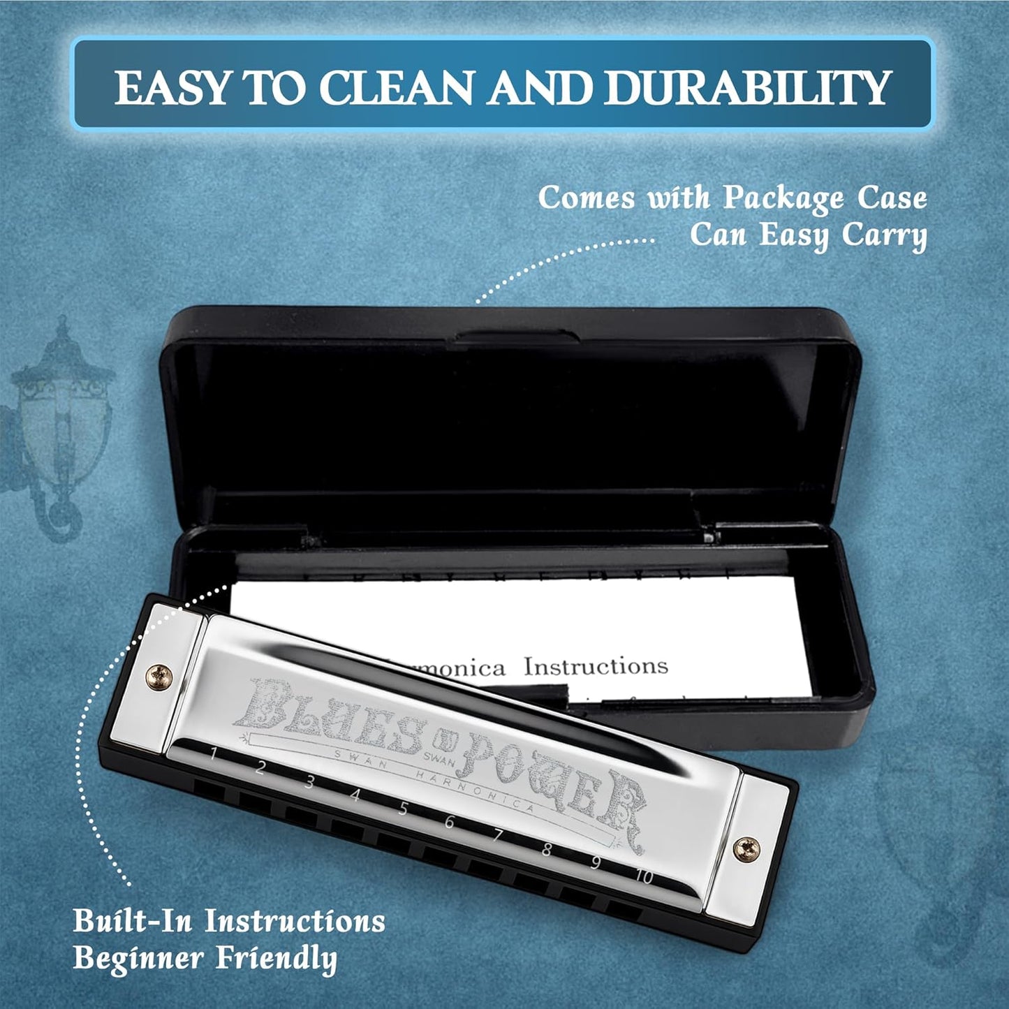 SWAN Blues Harmonica, Key of A, 10 Hole 20 Tone Diatonic Harp Mouth Organ, Stainless Steel Deluxe Harmonica for Adults, Students, Beginners, as a Gift (Silver-A)