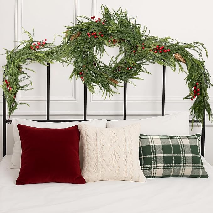 9FT Norfolk Pine Garland Christmas Artificial Greenery with Red Berries Cones, Pine Tree Decor for Mantel Fireplace Stair Rail Doorway Table, Indoor Outdoor Winter Christmas Decorations