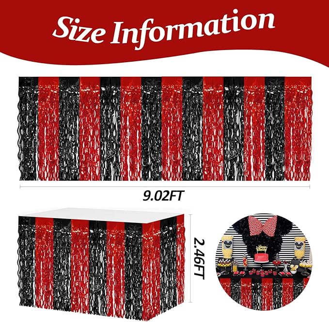 4P Wavy Metallic Tinsel Foil Fringe Table Skirts for Rectangle Tables Backdrop Garland Curtains for Parade Floats Wedding Birthday Parties Decoration Graduation 2025 Christmas (Black Red)