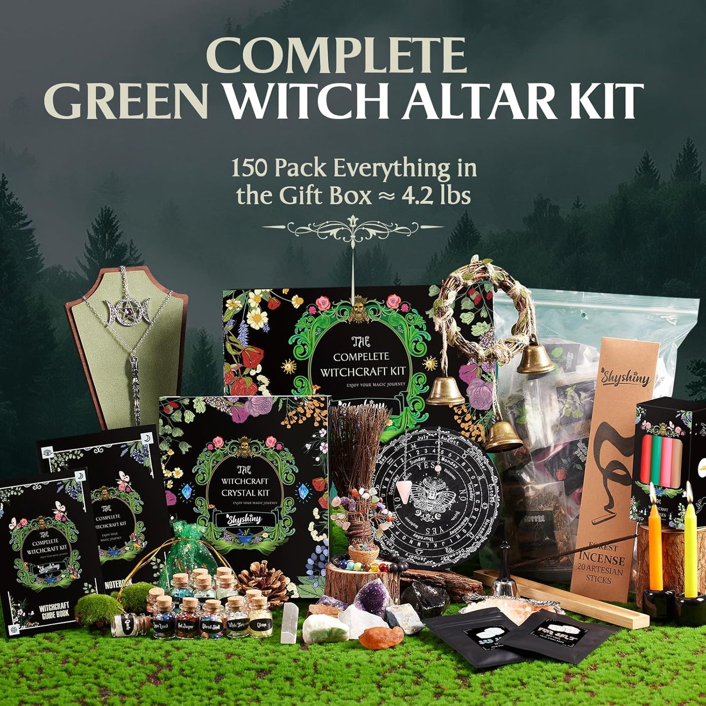 Witchcraft Supplies Kit, 150Pack Wiccan Supplies and Tools Witchy Gifts for Beginners, Dried Herbs, Crystals, Candles, Green Witch Altar Starter Spell