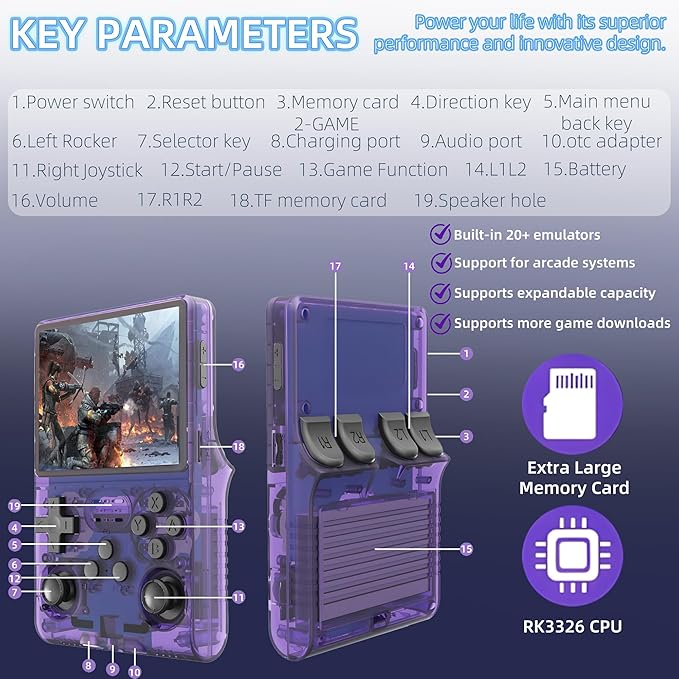 R40S PRO Retro Gaming Console, 30000+ HD Games Handheld Game Console, 3800mAh Rechargeable Mini Retro Video Console with 256GB TF Card, Portable Pocket Arcade (Transparent Purple)
