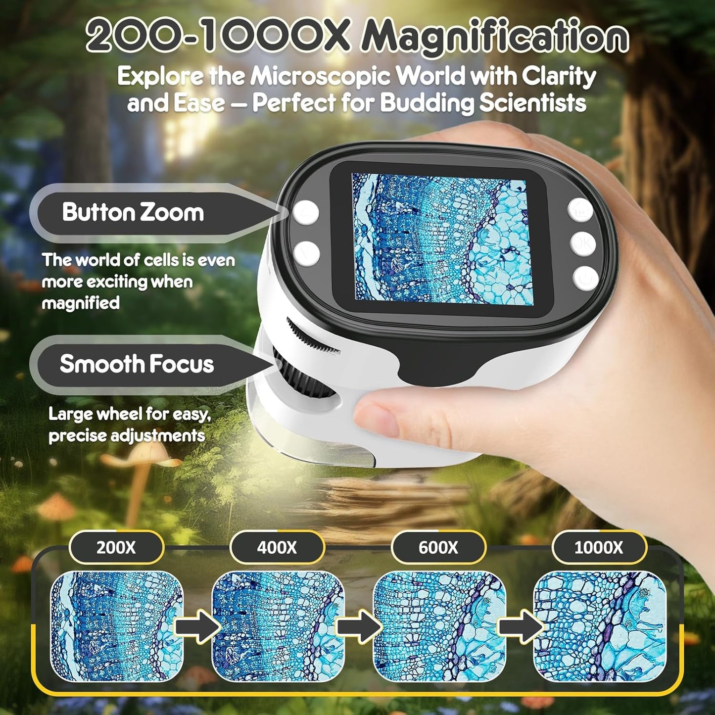 1000X Handheld Microscope for Kids 4K 2.0" Screen Rechargeable Mini Pocket Digital Microscopes w/Slides Kit Portable Edu Gift Age 4-6 8-12 Children Students (White)